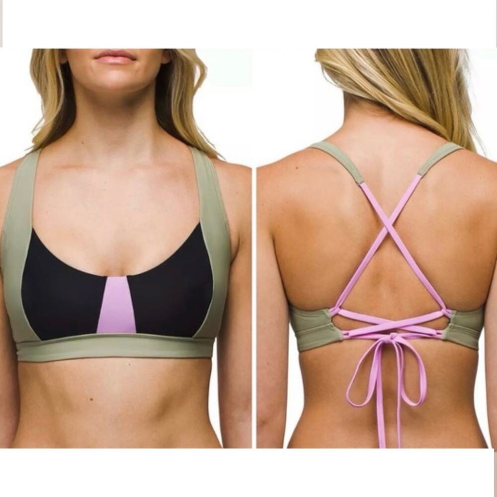 NWT prAna Tulum Bikini Top Sage Green Pink Colorblock Lace Up Back Swim, Size L